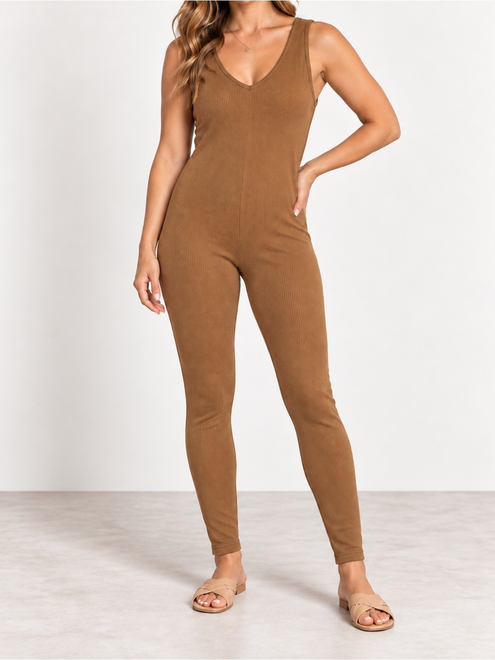 Zenana Outfitters Ribbed V-Neck Jumpsuit in Camel Brown